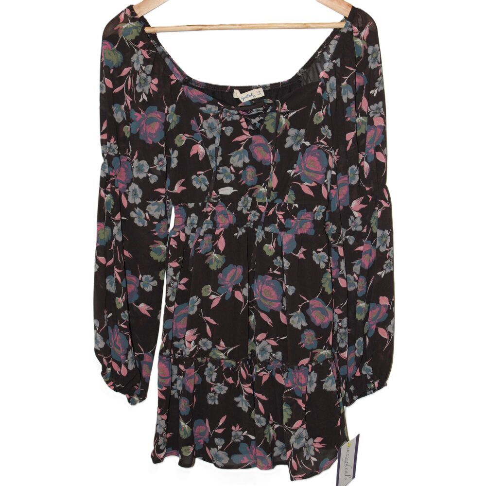 NWOT Live To Be Spoiled Black Pink Green Floral Long Sleeve Mini Dress Size XS